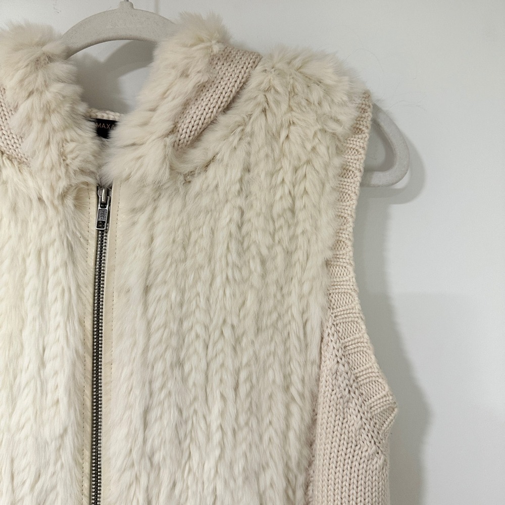 BCBGMAXAZRIA Rabbit Fur Wool Blend Cable Knit Hooded Vest Cream Women Large